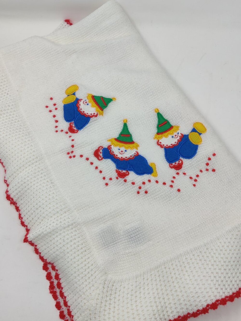 Lord & Taylor Baby Blanket red White Knit  clown red trim primary colors vintage